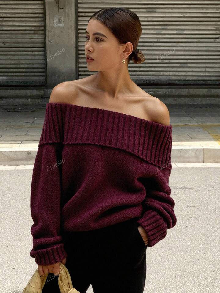Livesso Suéter Holgado De Color Liso Con Hombros Descubiertos Para Mujer, De Manga Larga, Para Otoño/Invierno, Ropa De Mujer Para El Otoño | SHEIN
