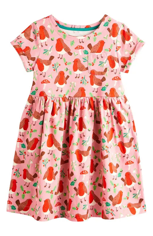 Mini Boden Kids' Print Cotton Jersey Dress in Formica Pink Festive Robins at Nordstrom, Size 7-8Y | Nordstrom