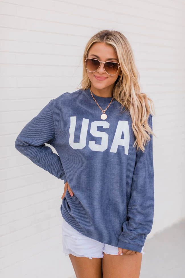 Jersey USA Graphic Navy Corded Sweatshirt | Pink Lily