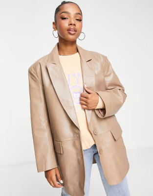 ASOS DESIGN leather grandad blazer jacket in camel | ASOS | ASOS (Global)