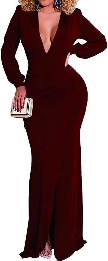 Womens Party Cocktail Maxi Dresses Sexy Deep V Neck Long Sleeve Side Split Bodycon Dress Evening ... | Amazon (US)