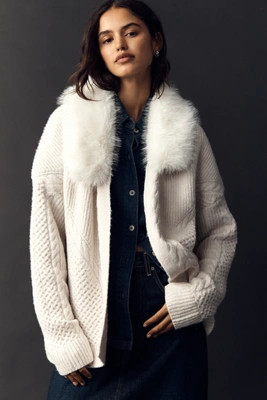 Flat White Faux Fur-Collar Cardigan Sweater | Anthropologie (US)