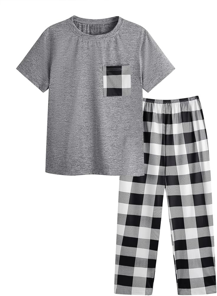 Verdusa Men's 2 Piece Loungewear Pajama Set Plaid Print Short Sleeve Tee Top and Pants Set | Amazon (US)