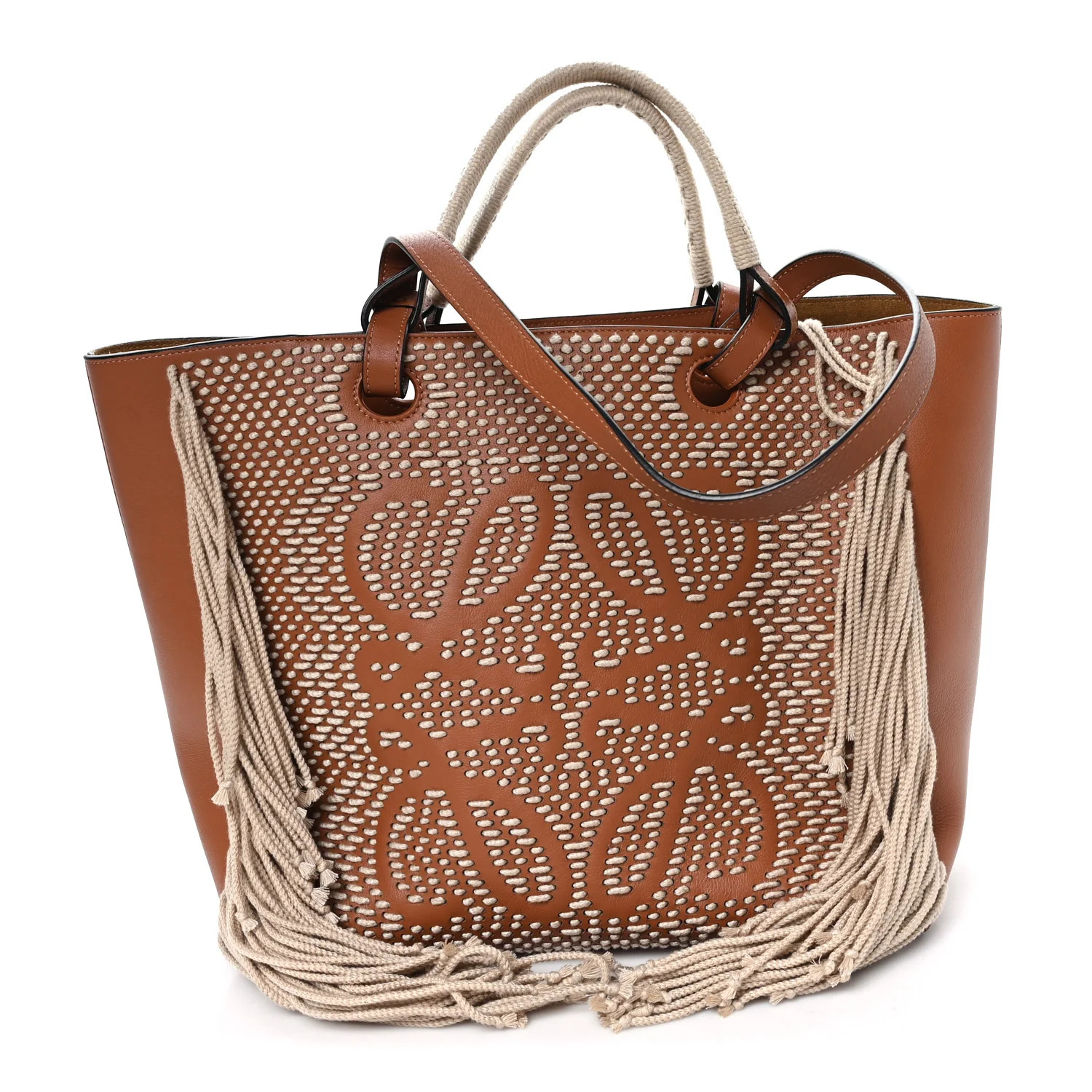 Smooth Calfskin Anagram Fringe Tote Tan | FASHIONPHILE (US)