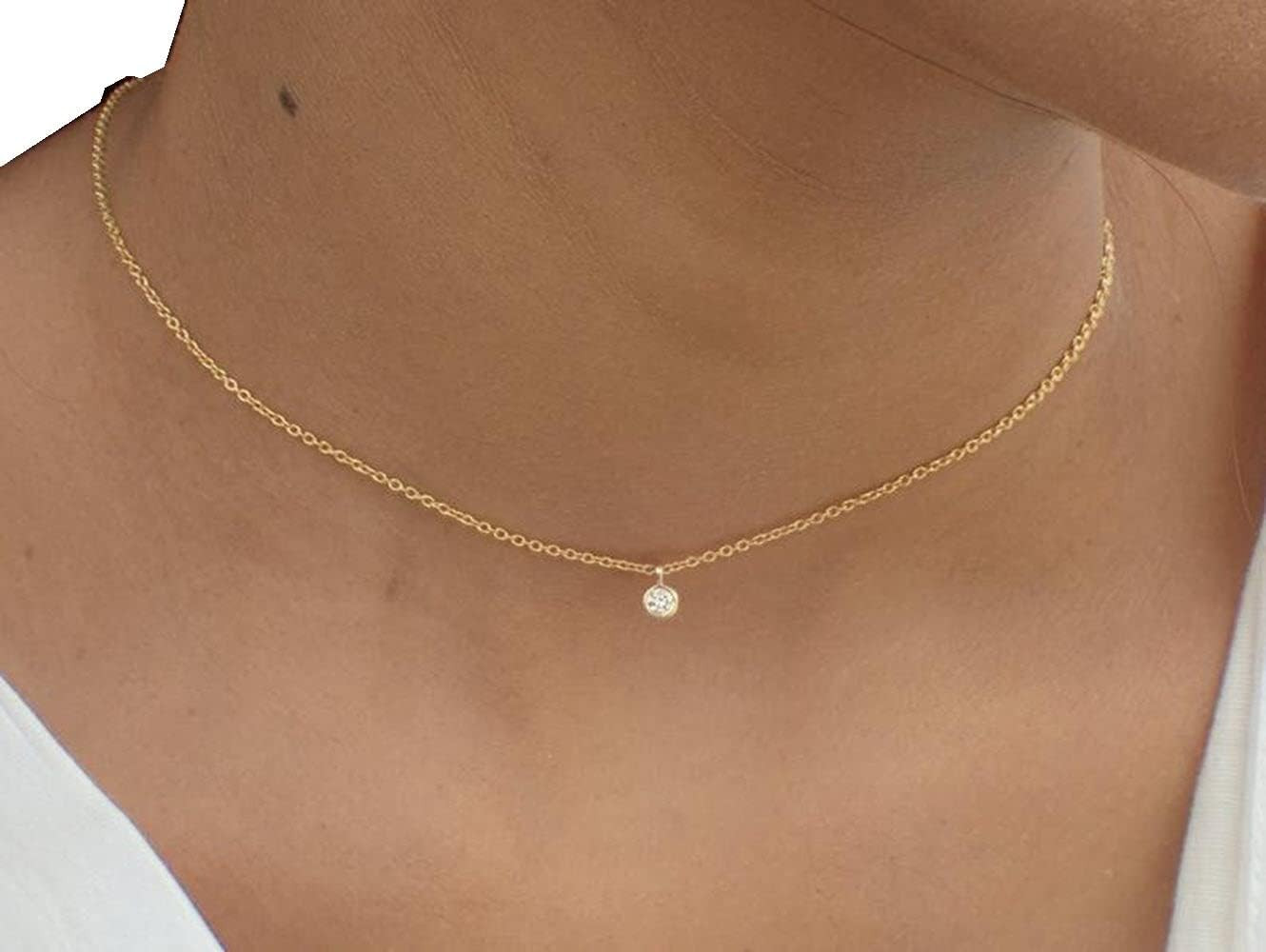 Diamond Choker Necklace, Solitaire Necklace, 18k Solid Gold Diamond Necklace, Bezel Set Diamond N... | Amazon (US)