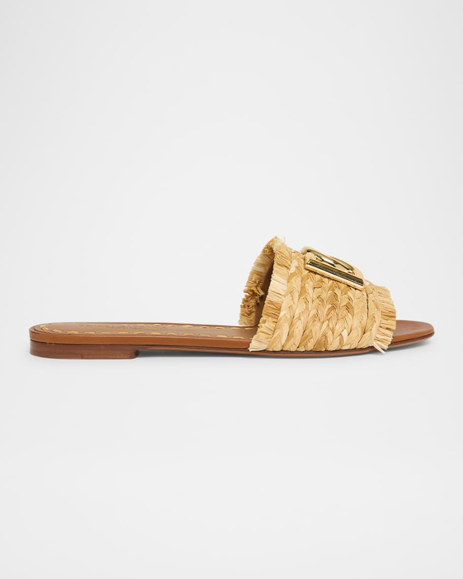 Dolce&Gabbana DG Medallion Raffia Slide Sandals | Neiman Marcus