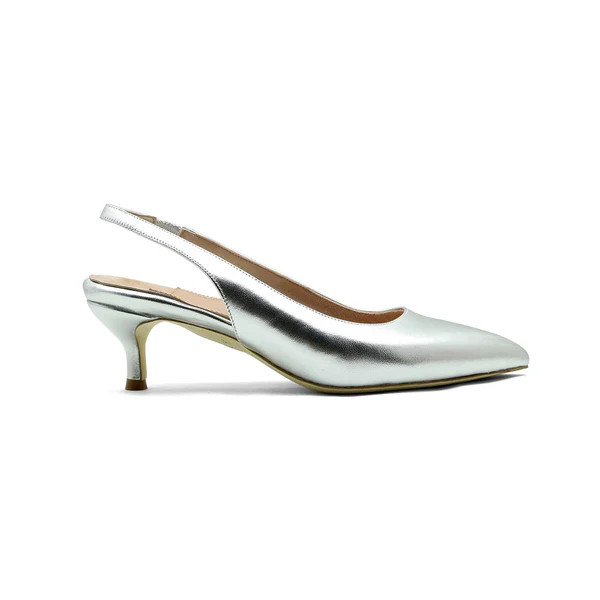 Silver Metallic Leather Slingback Kitten Heel | ALLY Shoes