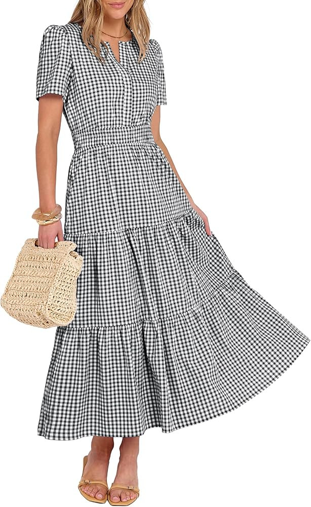 Caracilia Women's Summer Short Sleeve V-Neck Maxi Dress, Gingham & Striped Fabric, Casual A-Line ... | Amazon (US)