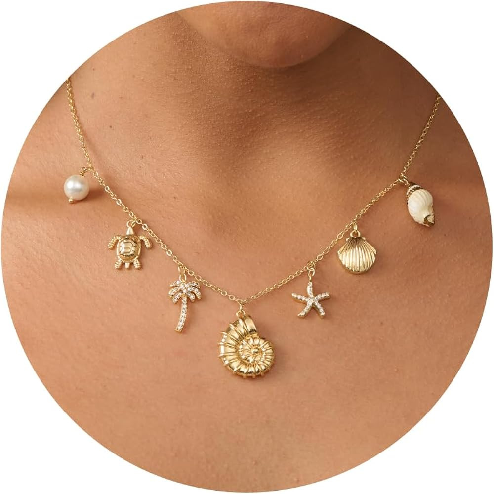 Charm Necklace-14K Gold/Silver Plated Charm Necklace Shell Conch Shell Turtle Starfish Coconut Tr... | Amazon (US)