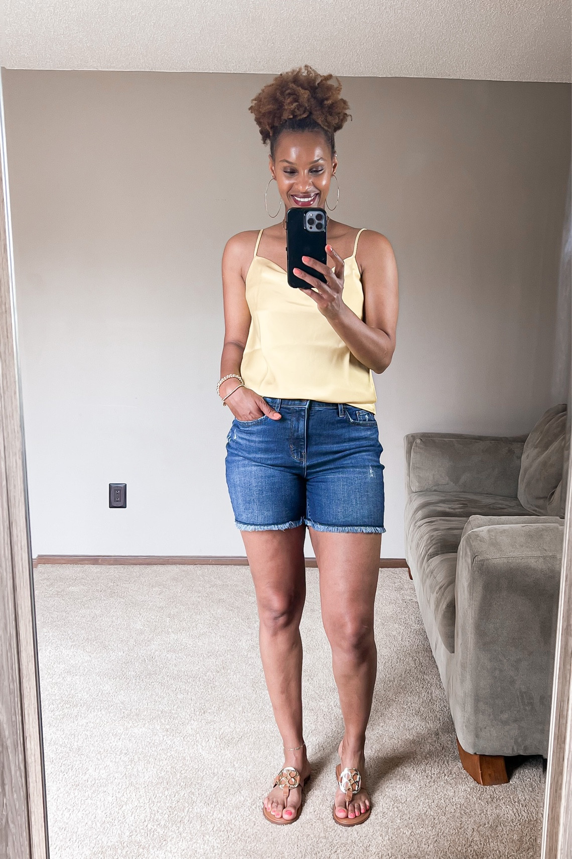 Lightweight satin cami and denim shorts for a easy casual summer outfit 

#LTKSeasonal #LTKstyletip