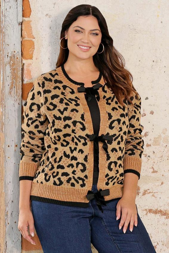 Plus Size Velvet Bow Cheetah Cardigan | Cato Fashions