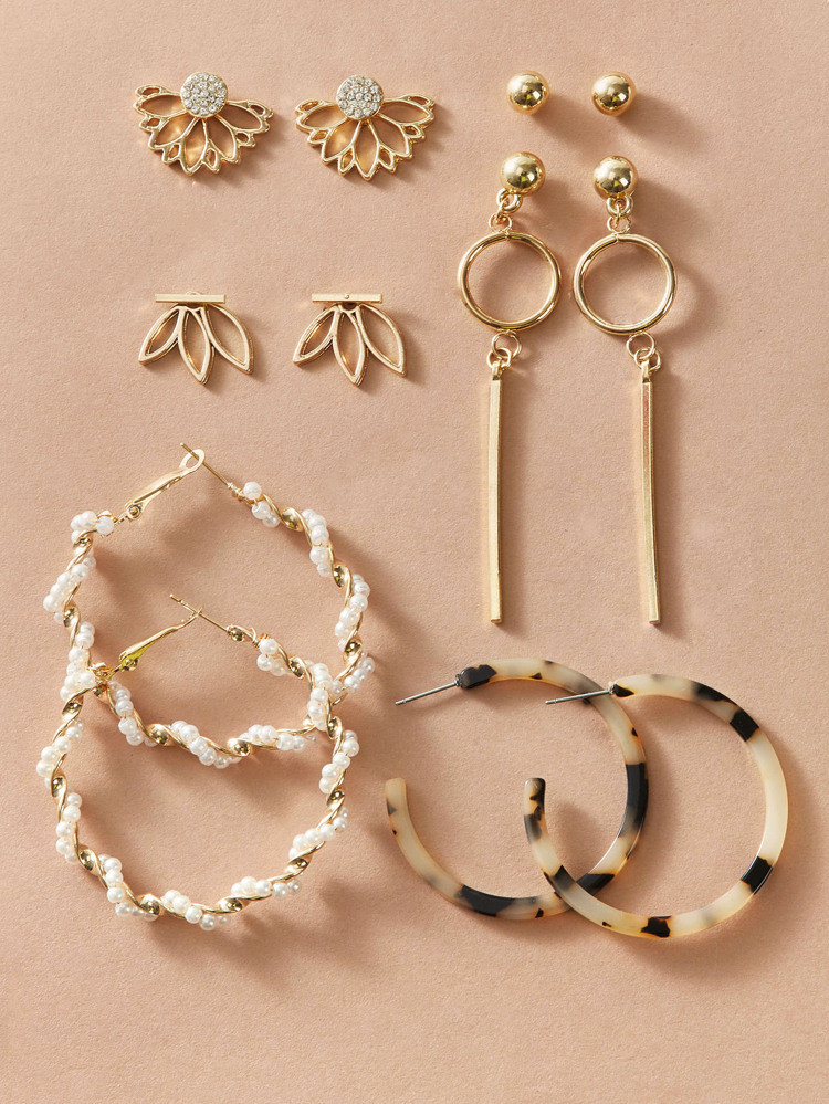6pairs Beaded Distorted & Rhinestone Decor Earrings | SHEIN