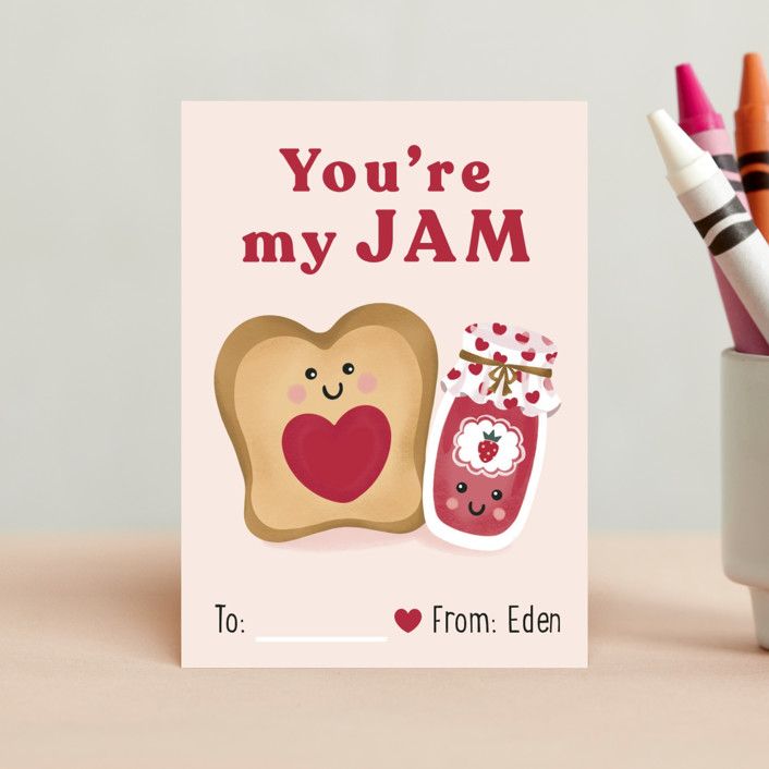 "sweet jam" - Customizable Classroom Valentine's Cards in Pink or Red by Christy Hy Lee. | Minted