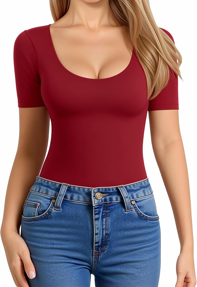 MANGOPOP Women's Scoop Neck Slim Fitted Short Sleeve Long Sleeve Double Lined T Shirt Tight Basic... | Amazon (US)