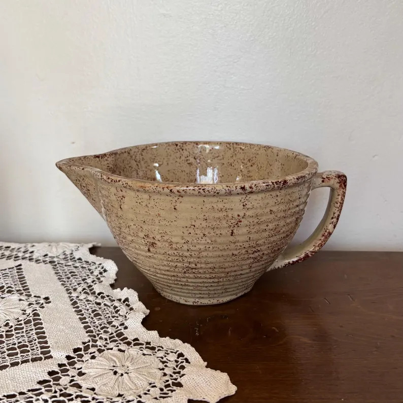 Vintage Hand Thrown Spongeware Batter Bowl Pitcher, Beige & Brown Speckled Pottery Mixing Bowl, R... | Etsy (Global)