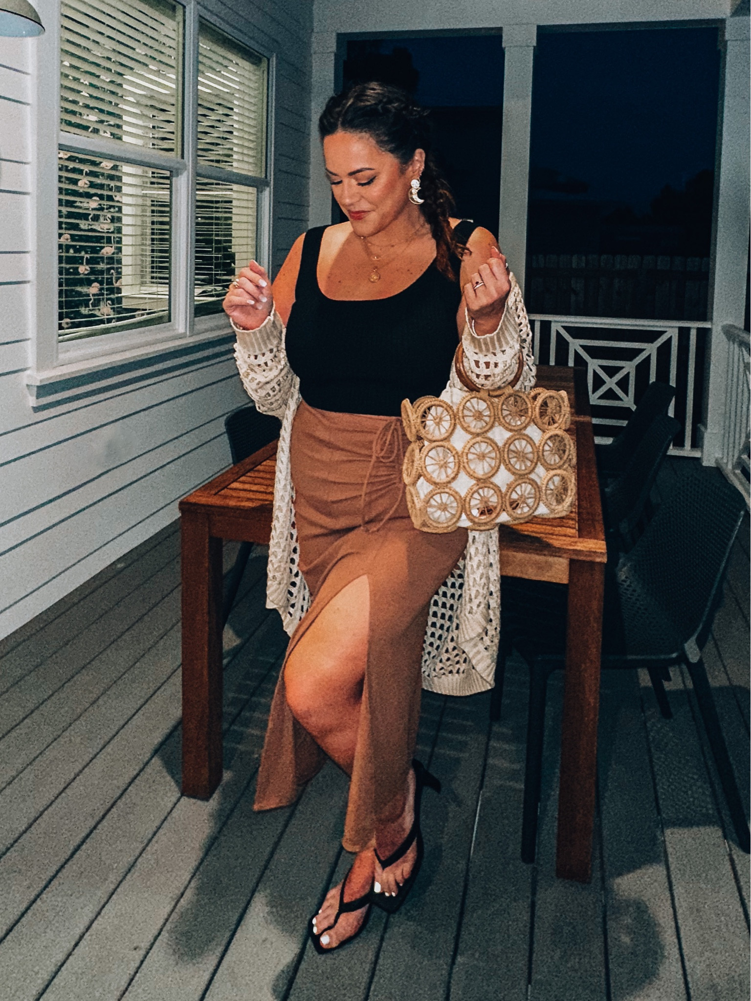 Midsize dinner summer  vacation outfit
Tank large 
Strapless bra 38dd
Skirt large 
Cardigan xl 
Rattan bag
Heeled sandal
Earrings  

#LTKSeasonal #LTKcurves #LTKtravel