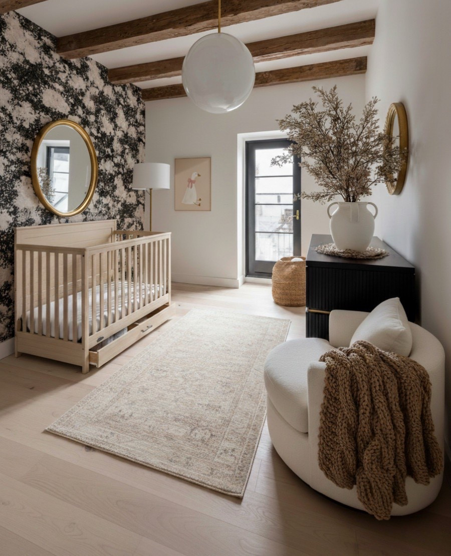 This serene modern nursery blends natural textures with timeless design details. The light oak baby crib adds warmth against a striking black and beige scenic wallpaper, while a round gold-framed mirror and white globe pendant light bring a touch of soft sophistication. A neutral vintage-inspired runner rug grounds the space with cozy texture, complemented by a curved ivory boucle nursery chair draped with a chunky knit throw blanket. On the black fluted dresser, a white ceramic vase with dried stems adds organic charm, balancing modern lines with earthy tones. The exposed wood ceiling beams and black French doors complete the mix of rustic and refined — a peaceful retreat for both baby and parent.

Shop the look:
Light oak crib | Scenic wallpaper | Round gold mirror | Globe pendant light | Ivory boucle swivel chair | Chunky knit throw | Neutral vintage runner rug | Black fluted dresser | White ceramic vase | Dried floral stems | Scenic wall art | Woven storage basket 


#LTKFindsUnder100 #LTKHome #LTKSaleAlert