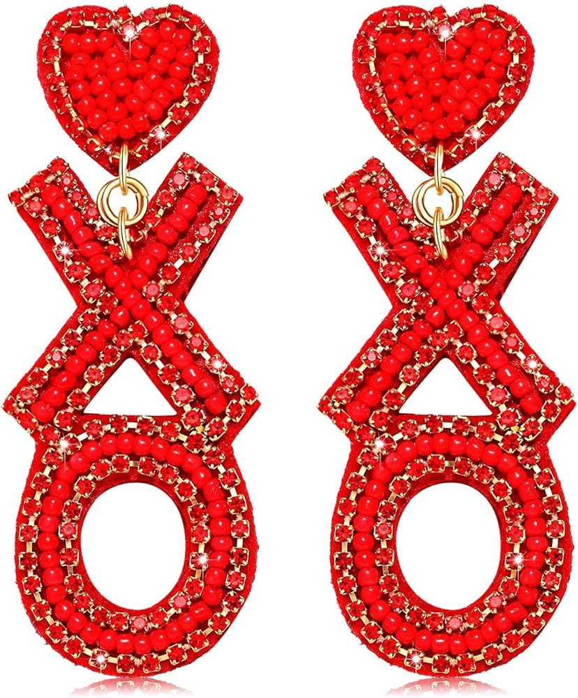 Valentine's Day Earrings for Women Red Pink Beaded Heart Earrings Concersation Heart Drop Dangle ... | Amazon (US)