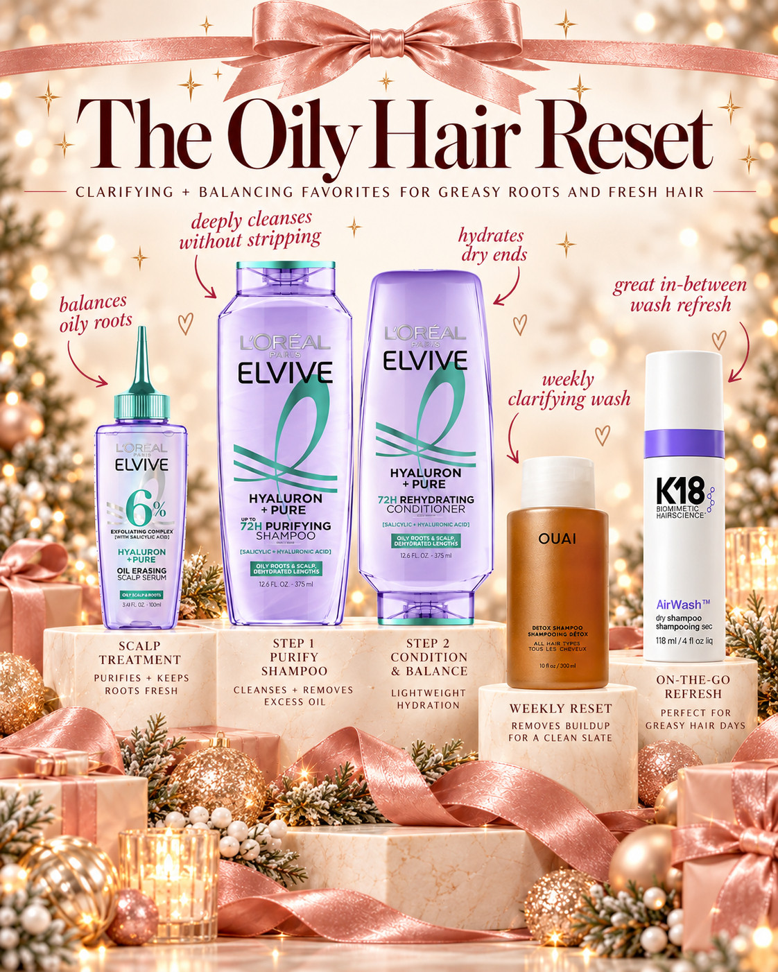 If your roots somehow look greasy 24 hours after wash day… I get it. 😭 These are the products I’d reach for to get that clean, fresh-hair feeling back without drying out the ends.

💜 L’Oréal Elvive Hyaluron + Pure Scalp Serum — oily-root reset  
🫧 L’Oréal Elvive Hyaluron + Pure Shampoo — deep cleans buildup + excess oil  
💧 L’Oréal Elvive Hyaluron + Pure Conditioner — lightweight hydration for dry ends  
🤎 OUAI Detox Shampoo — my pick for a weekly clarifying wash  
💜 K18 AirWash Dry Shampoo — the between-wash lifesaver  

Basically: clean roots, hydrated ends + fewer “why is my hair already greasy?!” days. 😂

📌 Save this for your next oily-hair reset!

Everything is Linked! ↓

#LTKSaleAlert #LTKBeauty #LTKTravel
