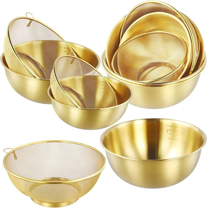 6 PCS Gold Stainless Steel Colander Set, 1.2Qt 2Qt and 3Qt Capacity Rice Washing Strainers with M... | Amazon (US)