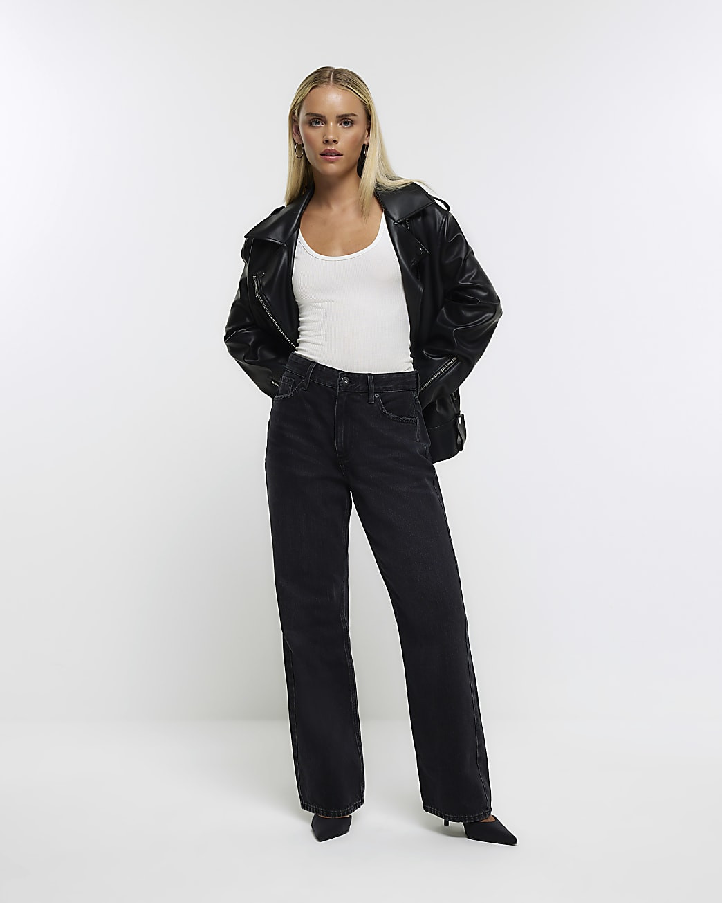 Petite black high waisted straight leg jeans | River Island (UK & IE)