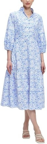 D-Sun Women Floral Maxi Dress Elegant Printed Button Down 3/4 Puff Sleeve Tiered A-Line Flowy Par... | Amazon (US)