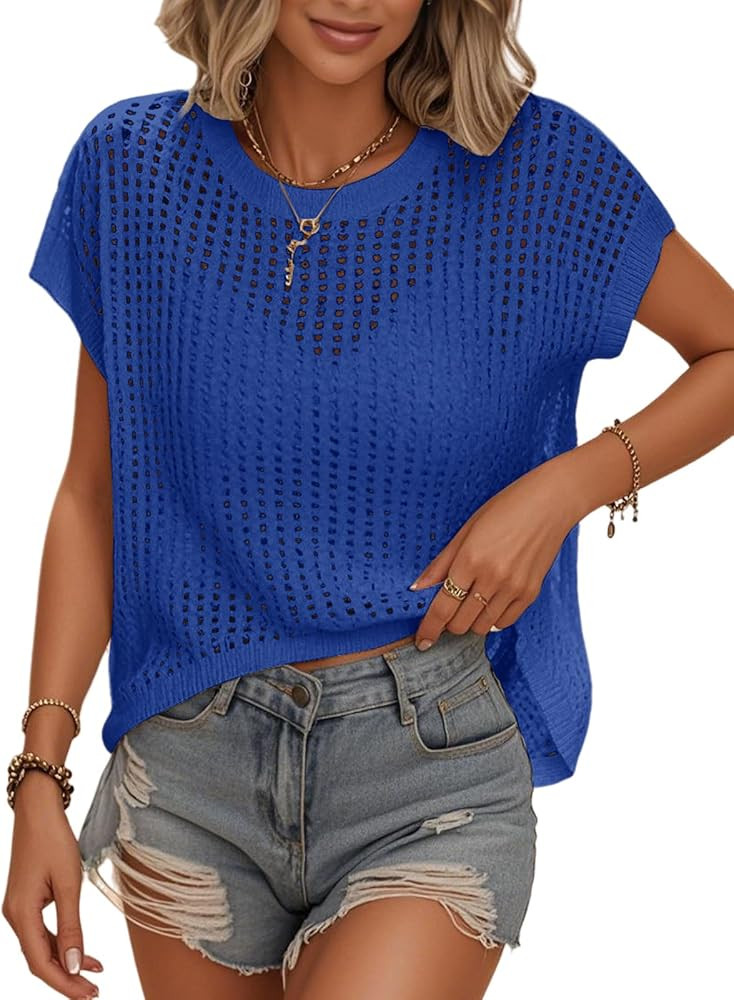 Womens Summer Crochet Tops Hollow Out Cap Sleeve Cover Up Tank Top Pullover Sweater Vest Beach Va... | Amazon (US)