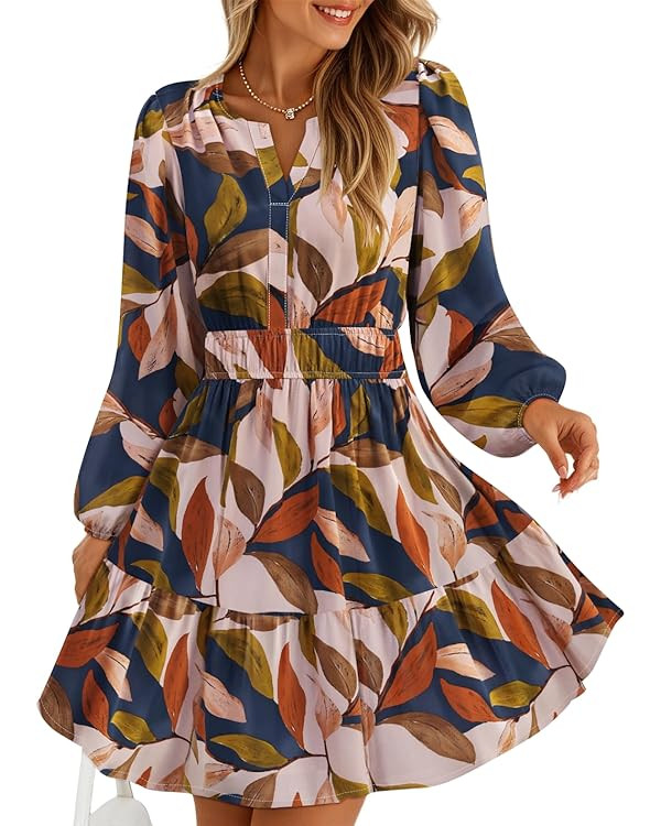 ZESICA Fall Wedding Guest Dresses for Women 2025 Casual Long Sleeve Floral Boho V Neck A-Line Min... | Amazon (US)