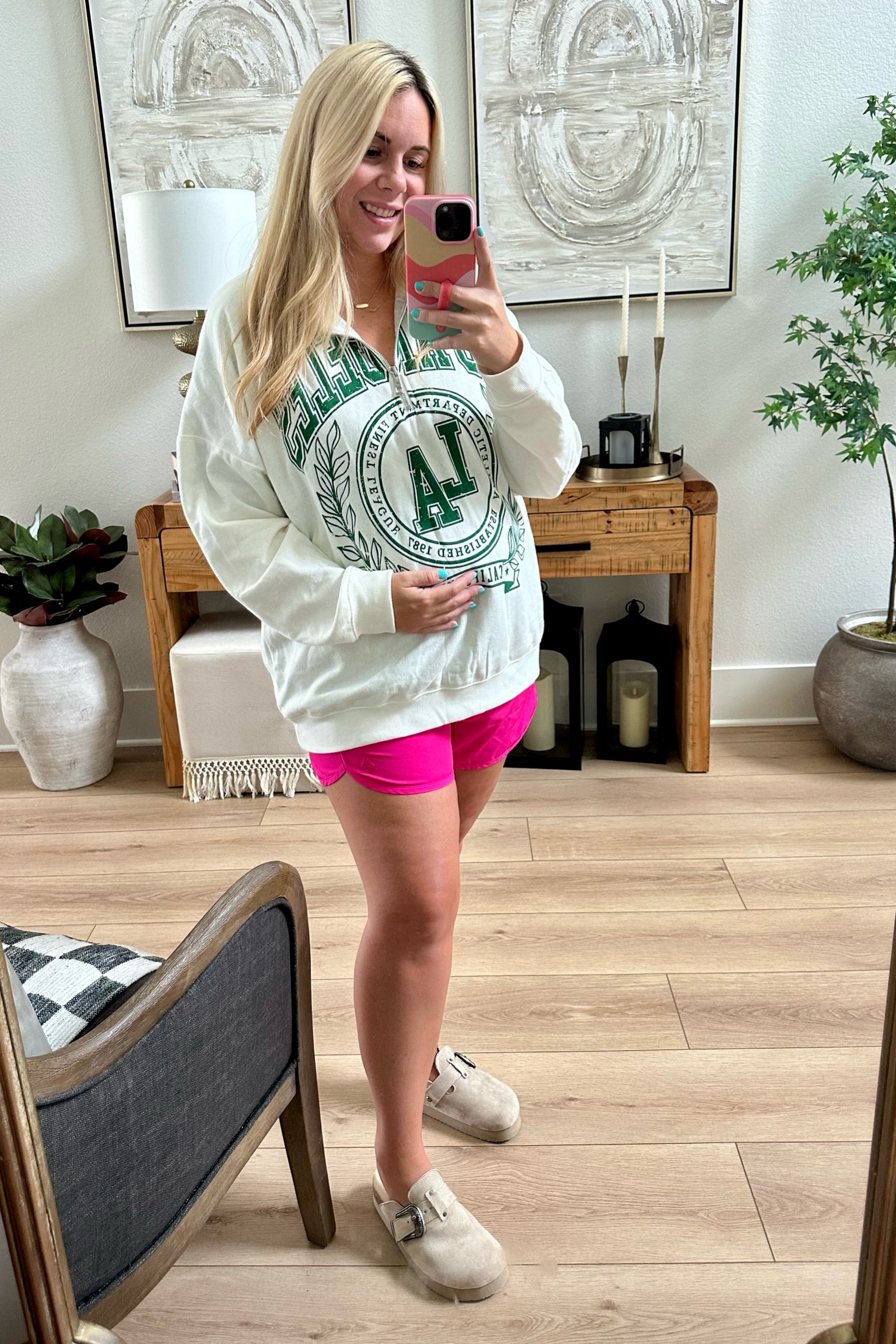 Walmart quarter zip sweatshirt for $14.98! So cute and comes in a few colors. Size up for an over sized fit. This is a XXL because and I’m 29 weeks pregnant. Mules are tts but a tad roomy. If you’re a half size go down. 

#LTKShoeCrush #LTKBump #LTKBacktoSchool