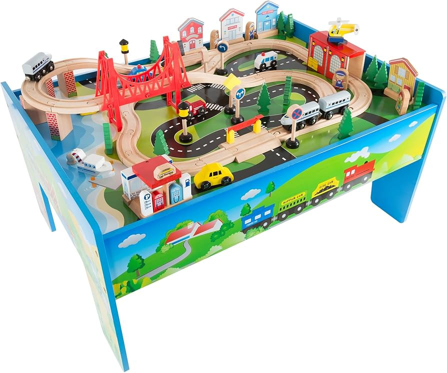 Wooden Train Set Table for Kids, Deluxe Had Painted with Tracks, Cars, Boats, and Accessories for... | Amazon (US)