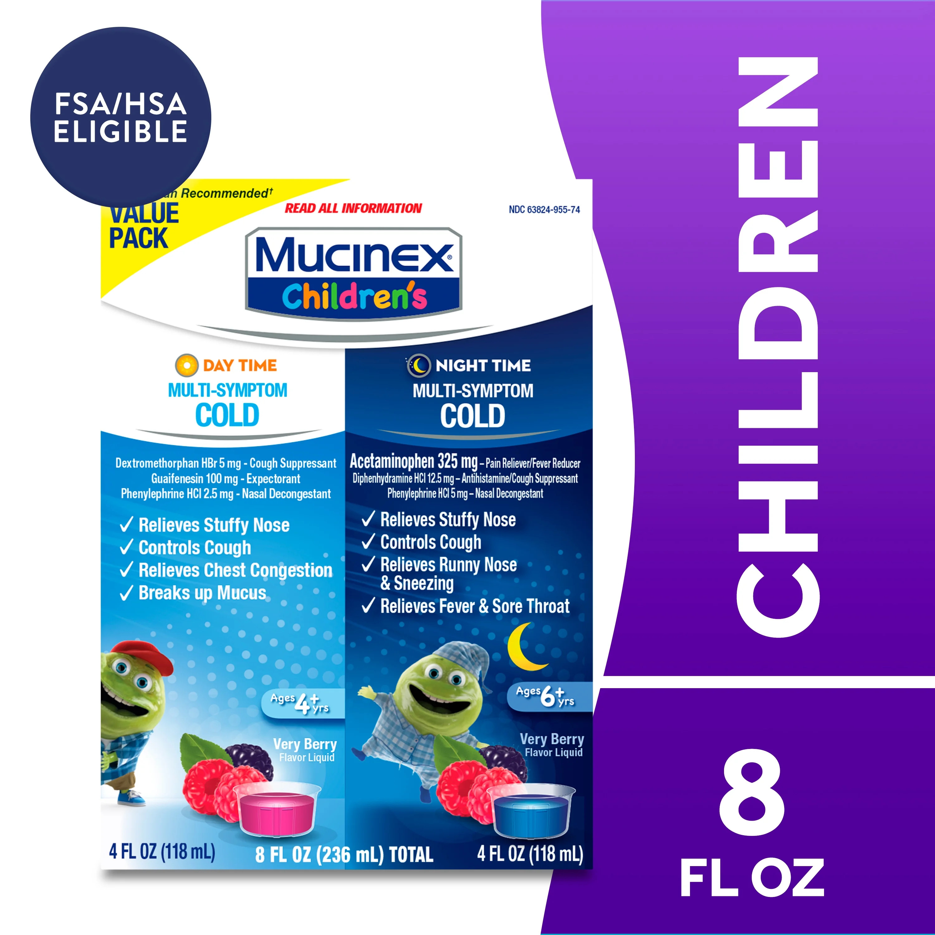 Mucinex Children's Cold Medicine Multi-Symptom Daytime & Nighttime Cold Relief Liquid, 2 x 4 FL O... | Walmart (US)