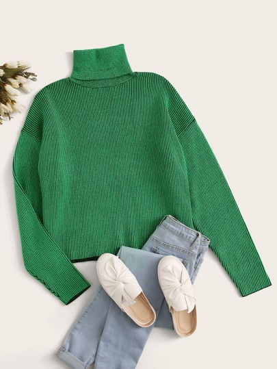 SHEIN High Neck Drop Shoulder Rib-knit Sweater | SHEIN