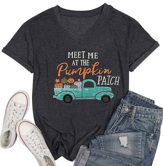 MAXIMGR Meet Me at The Pumpkin Patch Letter Print T Shirt Women Casual Graphic V-Neck Short Sleev... | Amazon (US)
