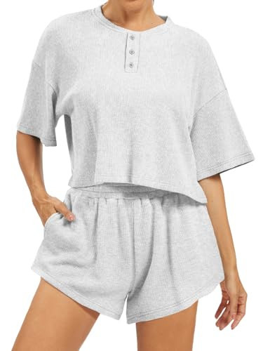 AnotherChill Women's Cropped Waffle Knit Lounge Set – Short Sleeve Henley Top and High Waisted Shorts 2 Piece Casual Outfit (Light-Grey, Small) | Amazon (US)