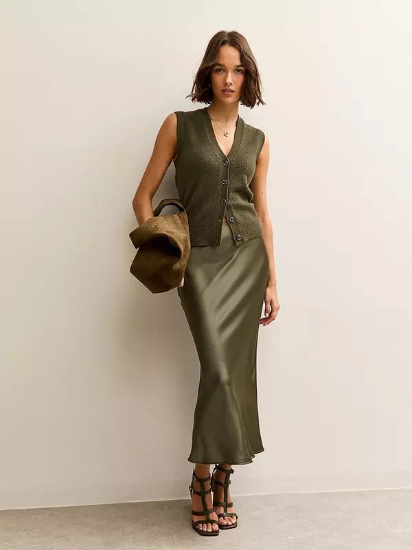 New Look Light Khaki Satin Bias Cut Midi Skirt | Very (UK)