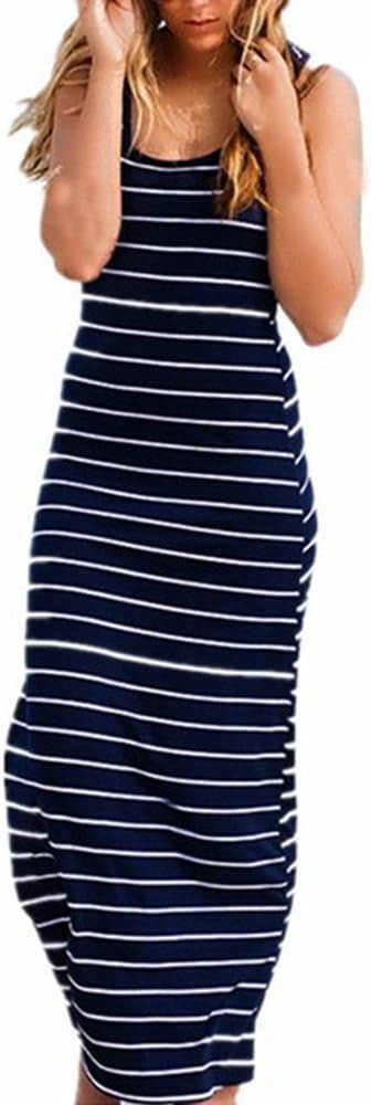 Roselux Women Sleeveless Scoop Neck Striped Maxi Sundresses Loose Racerback Long Dress | Amazon (US)