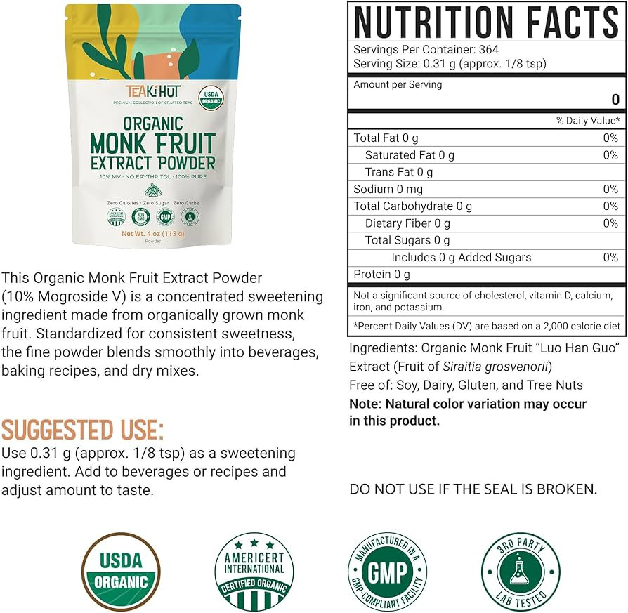 Pure Organic Monk Fruit Extract Powder, No Erythritol 4oz, 100% Monk Fruit Sweetener Powder for K... | Amazon (US)