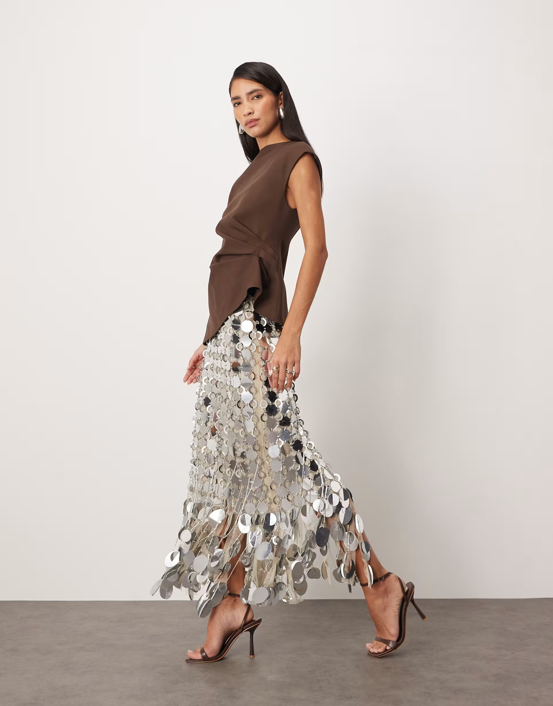ARRANGE futurist sequin fringe hem midi skirt in silver | ASOS (Global)
