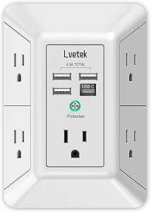 USB Wall Charger，LVETEK Surge Protector 5 Outlet Extender with 4 USB Ports (1 USB C Outlet) 3 S... | Amazon (US)