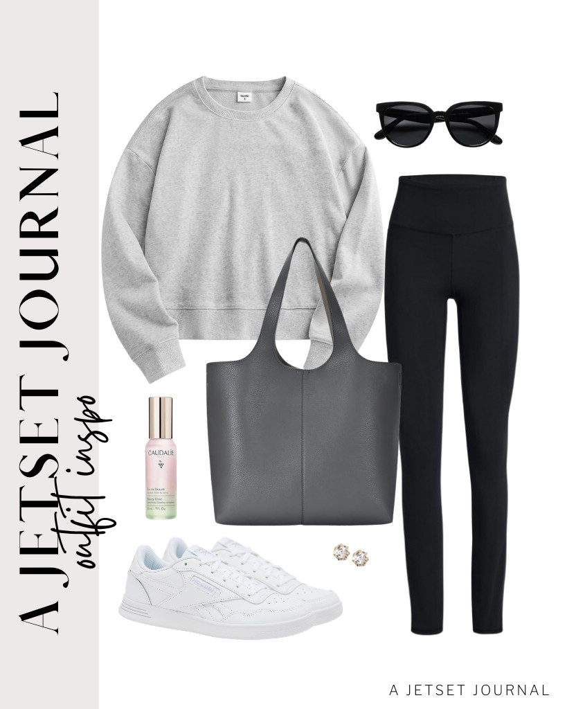 This combo of a gray sweatshirt from Stelle plus SINOPHANT black leggings is also cute! These Reebok Court Advance sneakers and Madison West Elle tote bag go well with this fit. 

 #LTKSeasonal #LTKSaleAlert #LTKTravel
