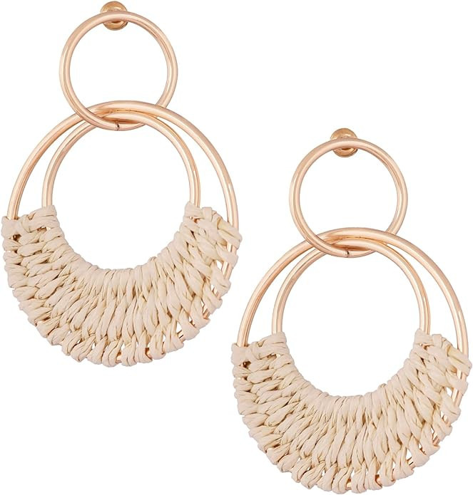MINACHI Bohemian Raffia Tassel Dangle Drop Hoop Earrings, Boho Hippie Summer Beach Jewelry Gift f... | Amazon (US)