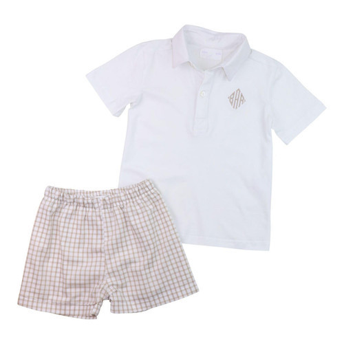 Khaki Windowpane Polo Short Set | Cecil and Lou