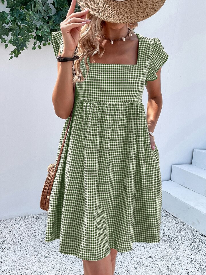 SHEIN VCAY Gingham Square Neck Ruffle Trim Smock Dress | SHEIN