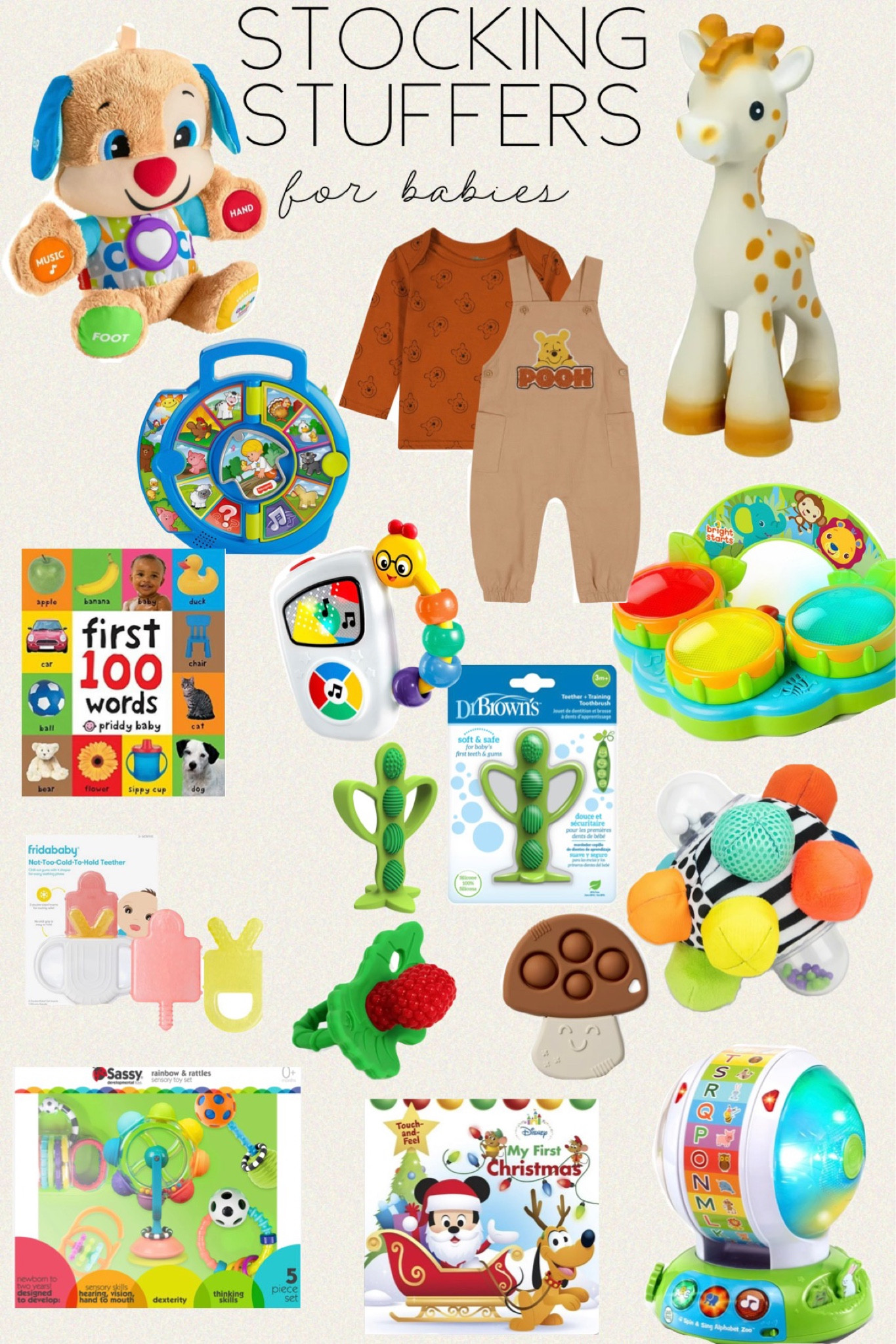 Baby first Christmas / Baby Gift Guide / Baby Stocking Stuffers 

VTech Turn and Learn Driver, Role-Play Toy for Baby, Teaches Animals, Colors / Fisher-Price Little People World of Animals See 'n Say Toddler Musical
Learning Toy / Hungry Caterpillar Teether / Dr. Brown's Peapod Teether and Training Toothbrush, Soft and Safe for Baby Gums and First Teeth, BPA Free, 100% Silicone, 3m+ / FridaBaby Not-Too-Cold-To-Hold Teether / Sassy Discover The Senses Sensory Baby Toy Gift Set - 0+ Months / Disney My First Christmas Book /Winnie The Pooh Baby Boy Overall
Set, Sizes 0/3 Months - 24 Months / Rainbow & Rattles Gift Set / Bright Starts Safari Beats Musical Drum Toy with Lights, Ages 3 Months +, Infant and Toddler, Unisex / Nuby Giraffe Teether 

#christmas #baby 

#LTKHoliday #LTKGiftGuide #LTKbaby