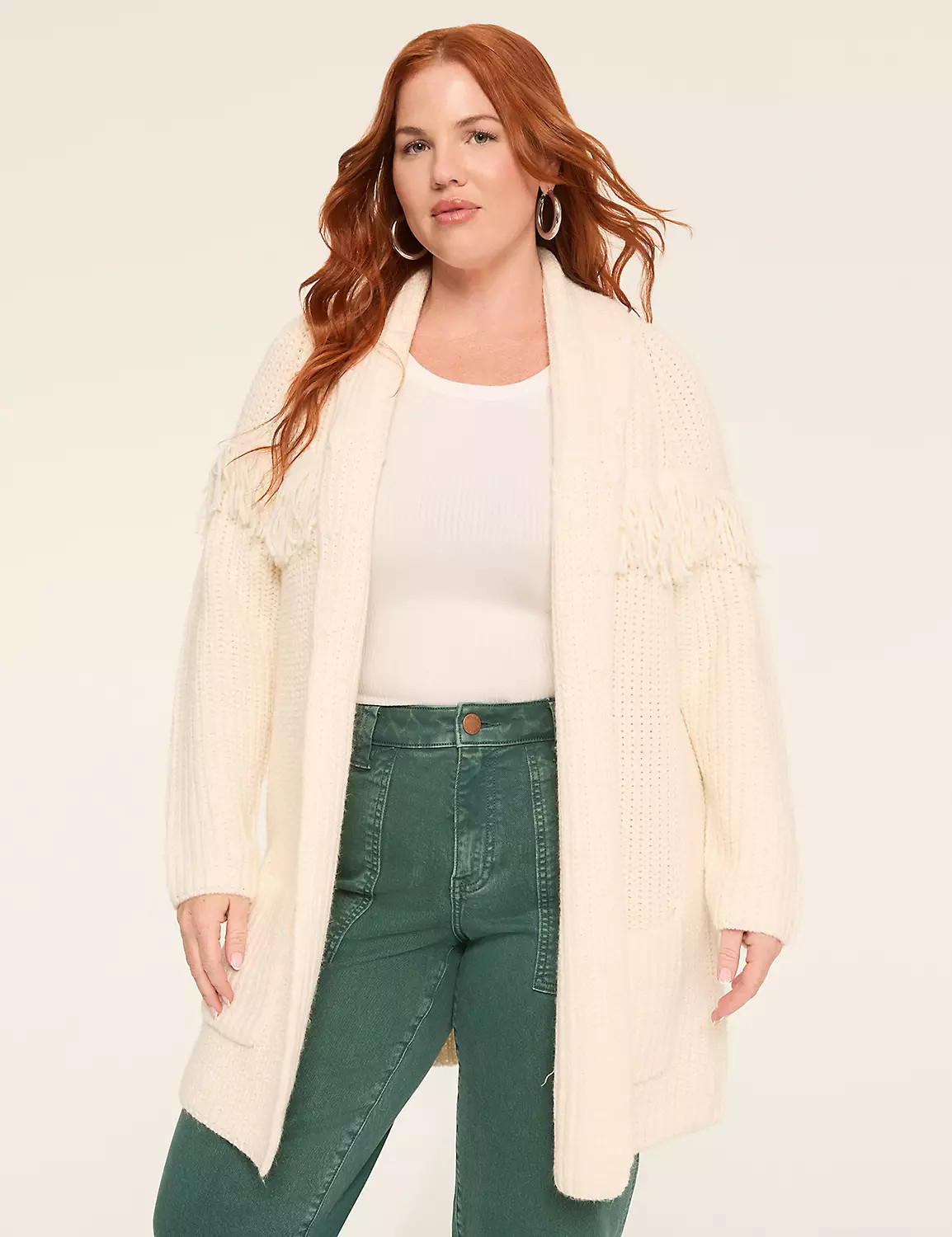 Open-Front Shawl-Collar Fringe-Detail Cardigan | Lane Bryant (US)