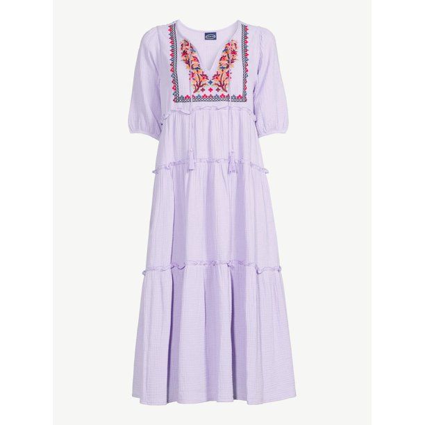 Scoop Women's Embroidered Peasant Dress with Puff Sleeves | Walmart (US)