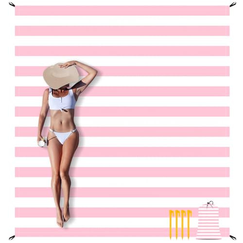 Pink Stripe Beach Blanket Sandproof Waterproof, Extra Large 78''×86'' Beach Mat for 1-4 Adults with Stakes and Sand Pocket, Compact Lightweight Sand Free Picnic Mat Beach Essential | Amazon (US)