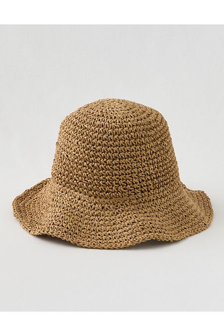 Aerie Folded Brim Straw Bucket Hat Women's Natural One Size | Aerie