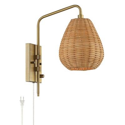 Barnes and Ivy Modern Swing Arm Wall Lamp Warm Gold Plug-In Light Fixture Natural Wicker Shade fo... | Target