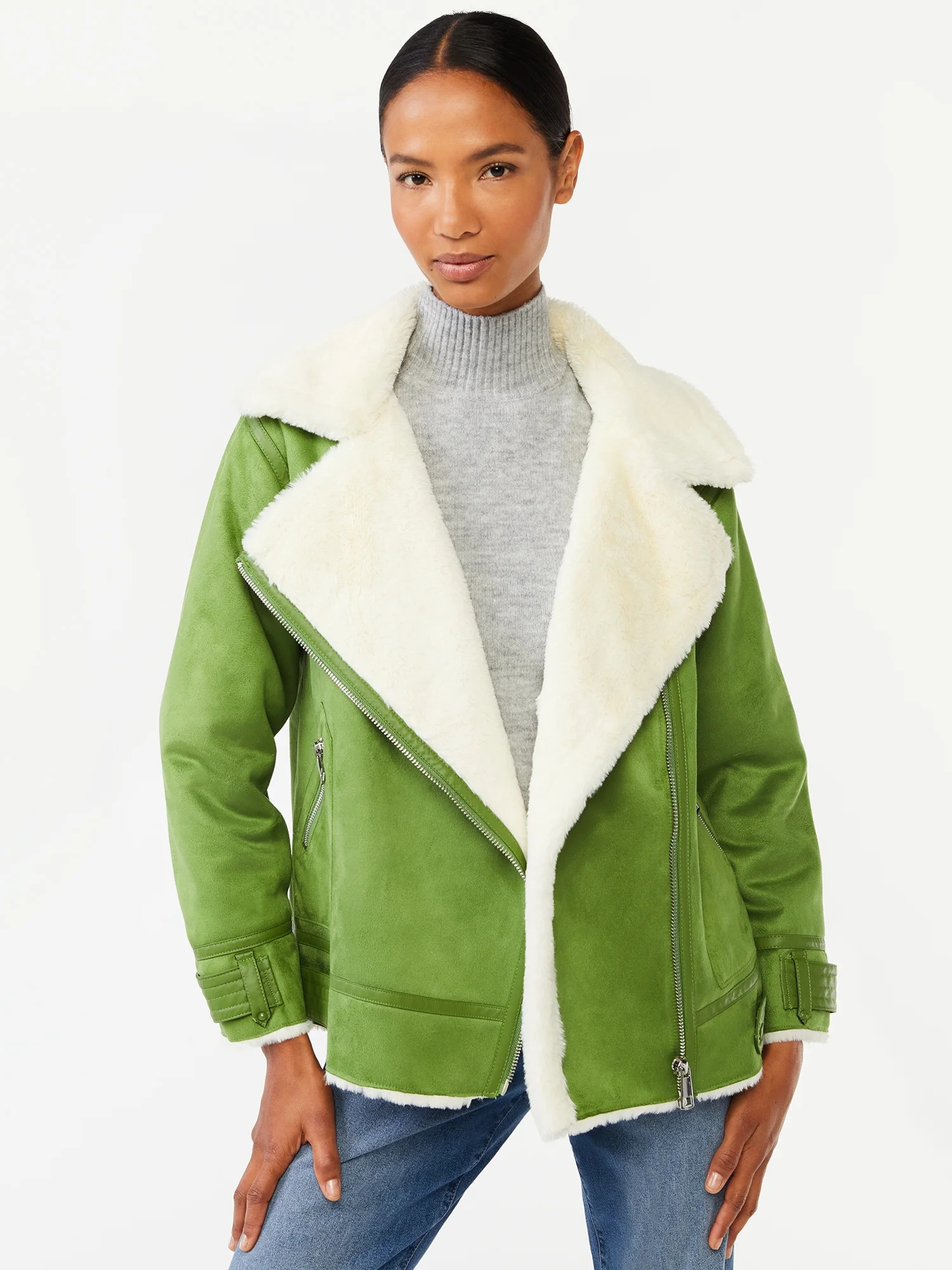 Scoop Women's Faux Suede Faux Fur Lined Oversized Moto Jacket | Walmart (US)